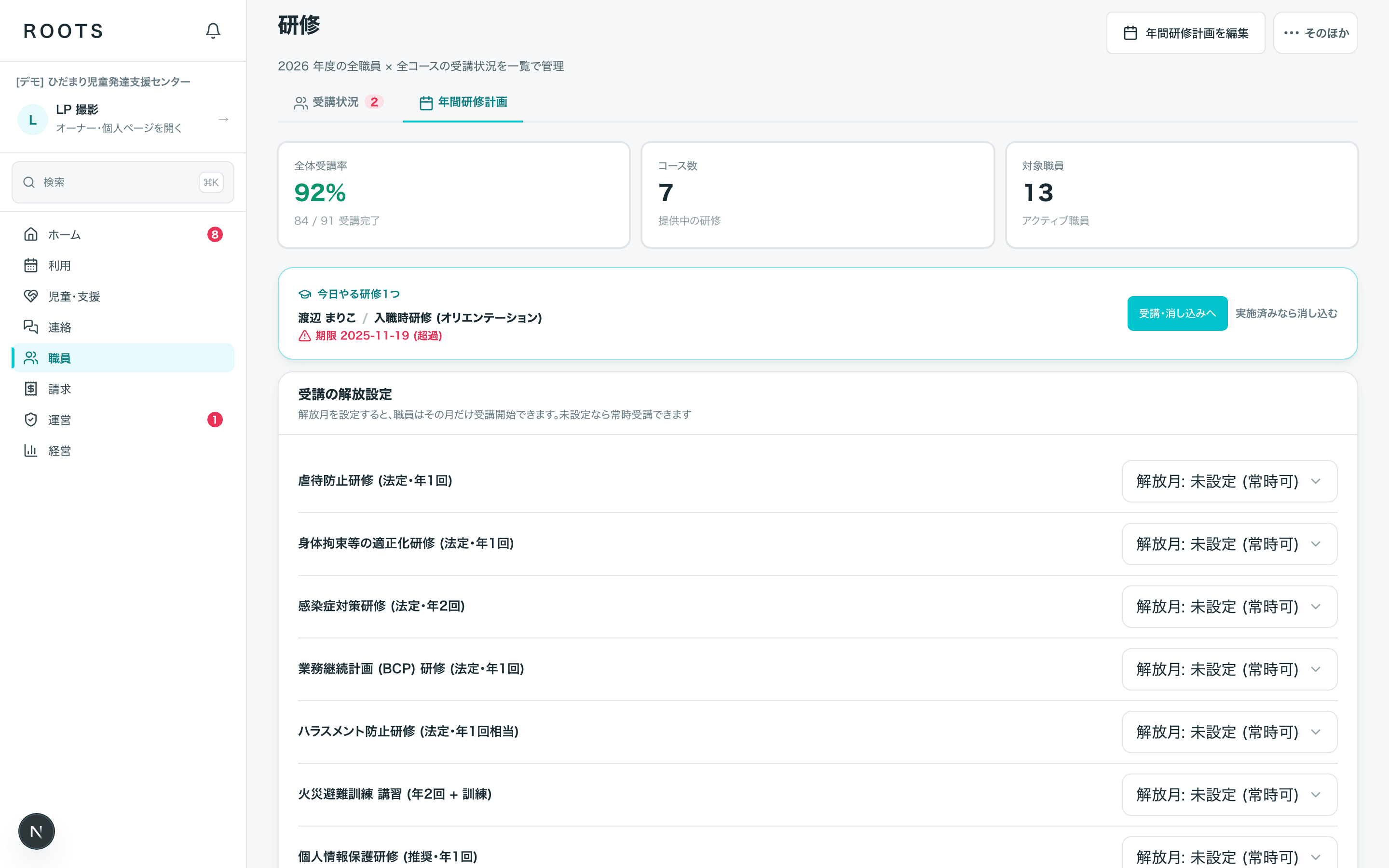 ROOTSの研修画面。全体受講率、今日行う研修、年間研修計画が並んでいる。