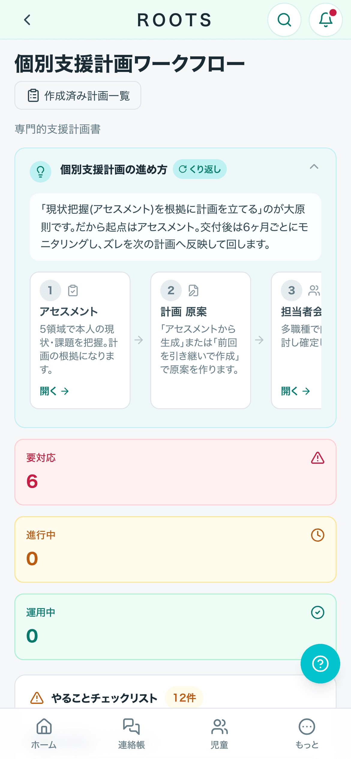 個別支援計画ワークフローをスマホで開いた画面。進め方の6ステップが横に並ぶ
