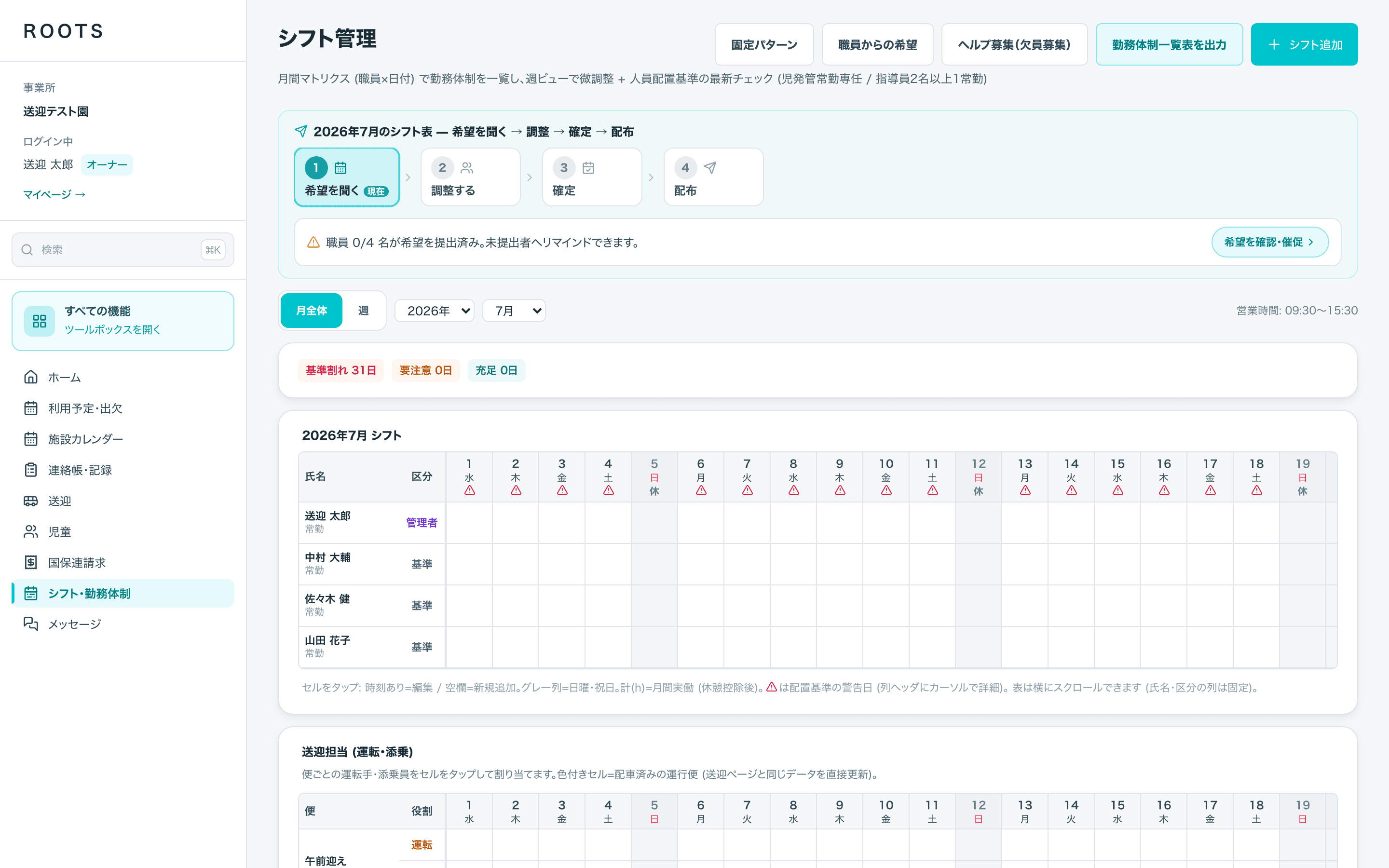 シフト管理の月間マトリクス。職員が行、日付が列に並び、配置が足りない日に印が付いている。