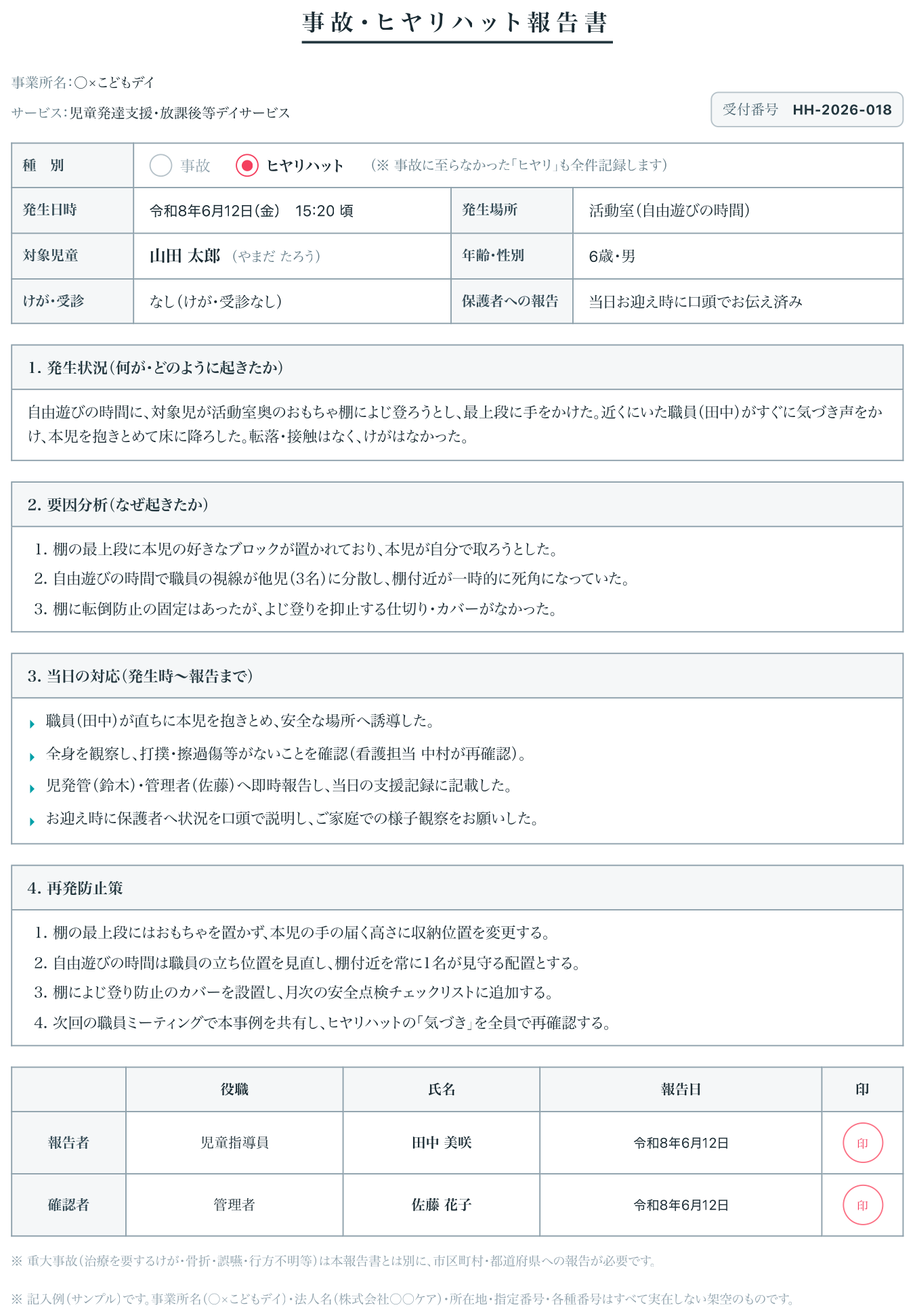 事故・ヒヤリハット報告書の出力サンプル（実際のPDF書式）