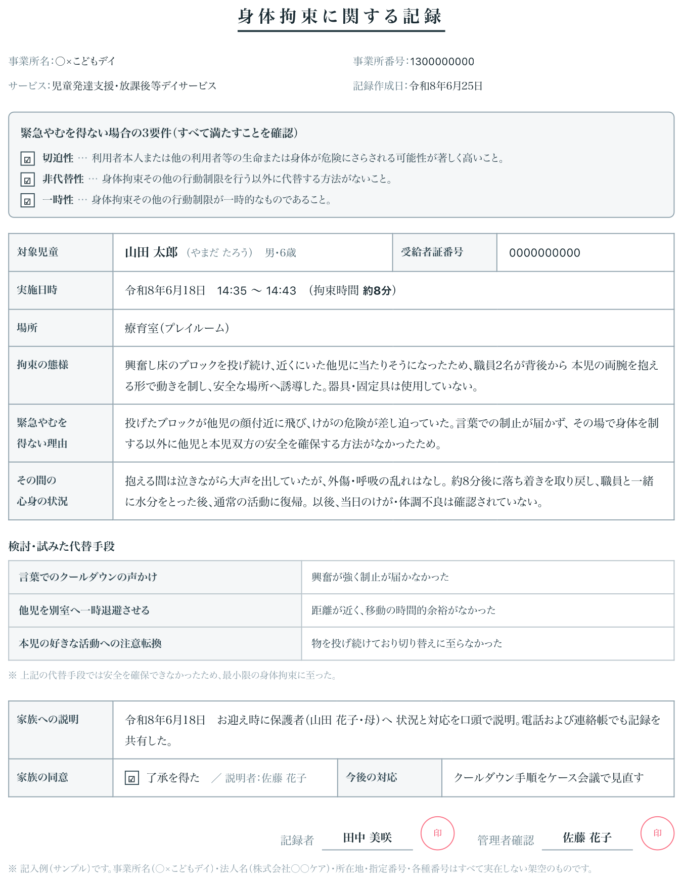 身体拘束に関する記録の出力サンプル（実際のPDF書式）