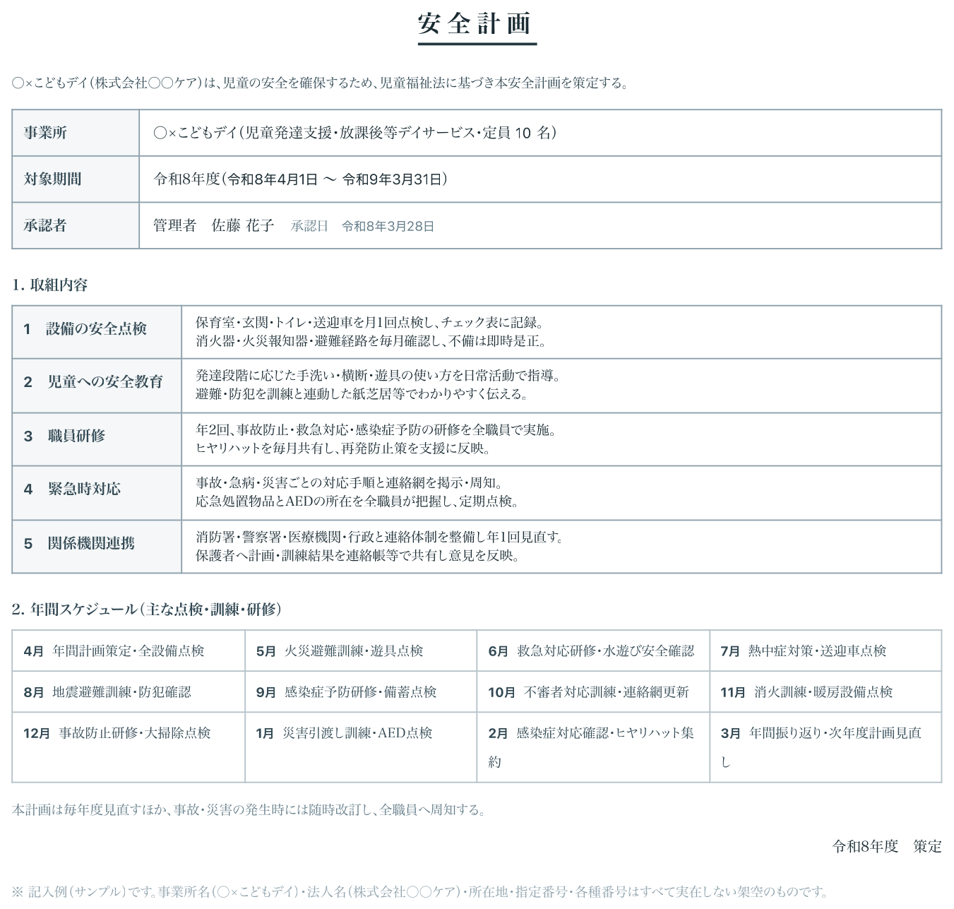 安全計画の出力サンプル（実際のPDF書式）