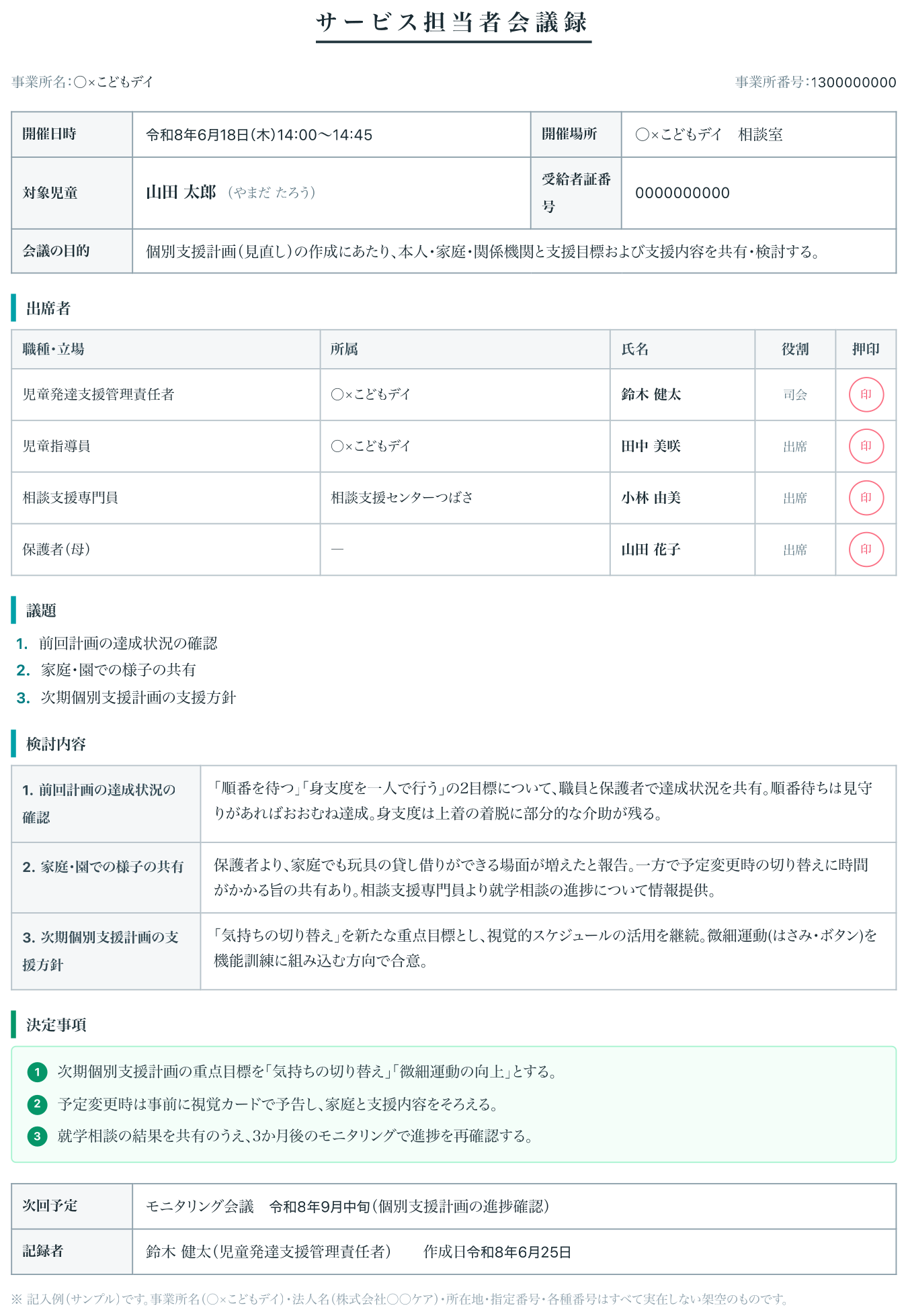 サービス担当者会議録の出力サンプル（実際のPDF書式）