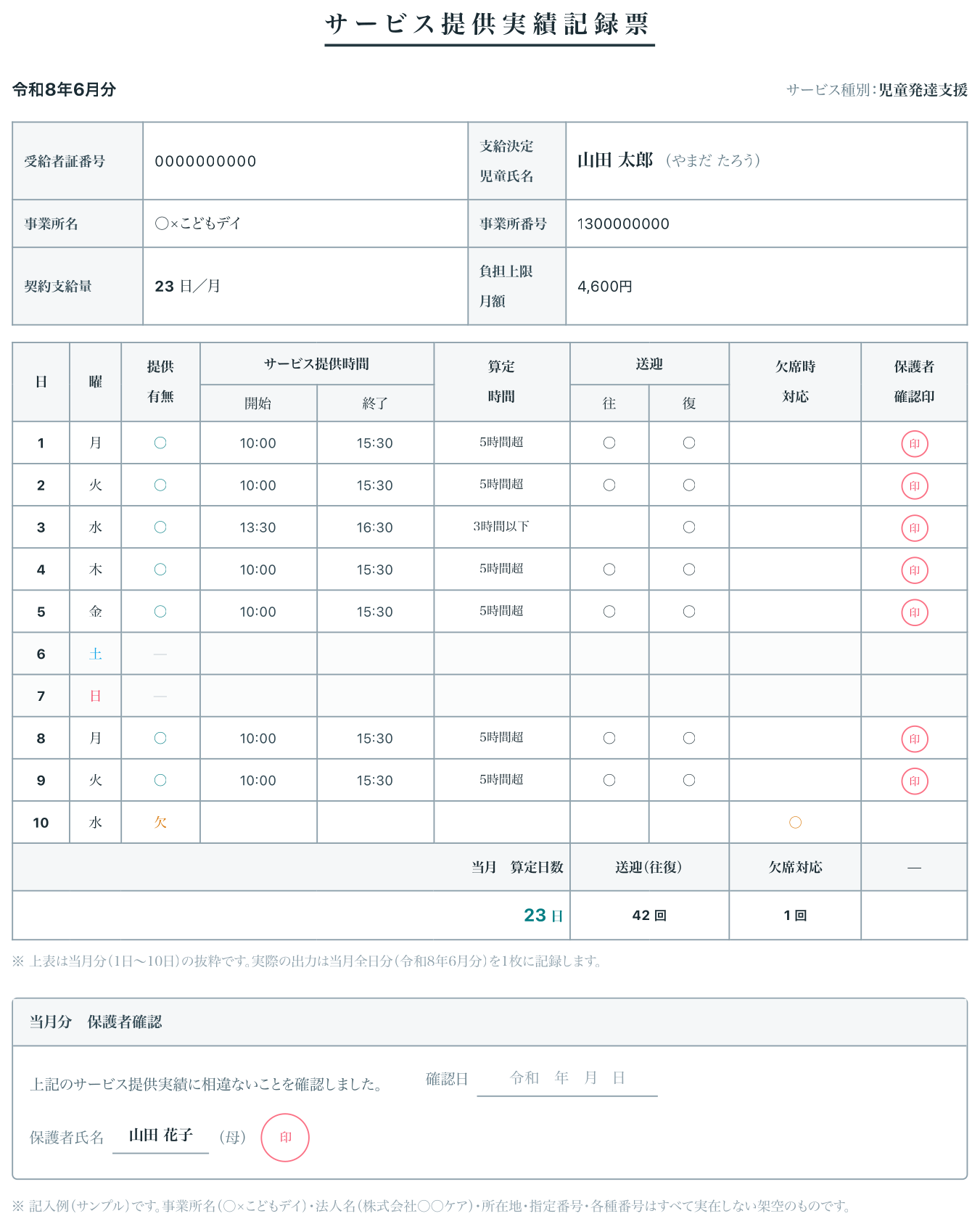 サービス提供実績記録票の出力サンプル