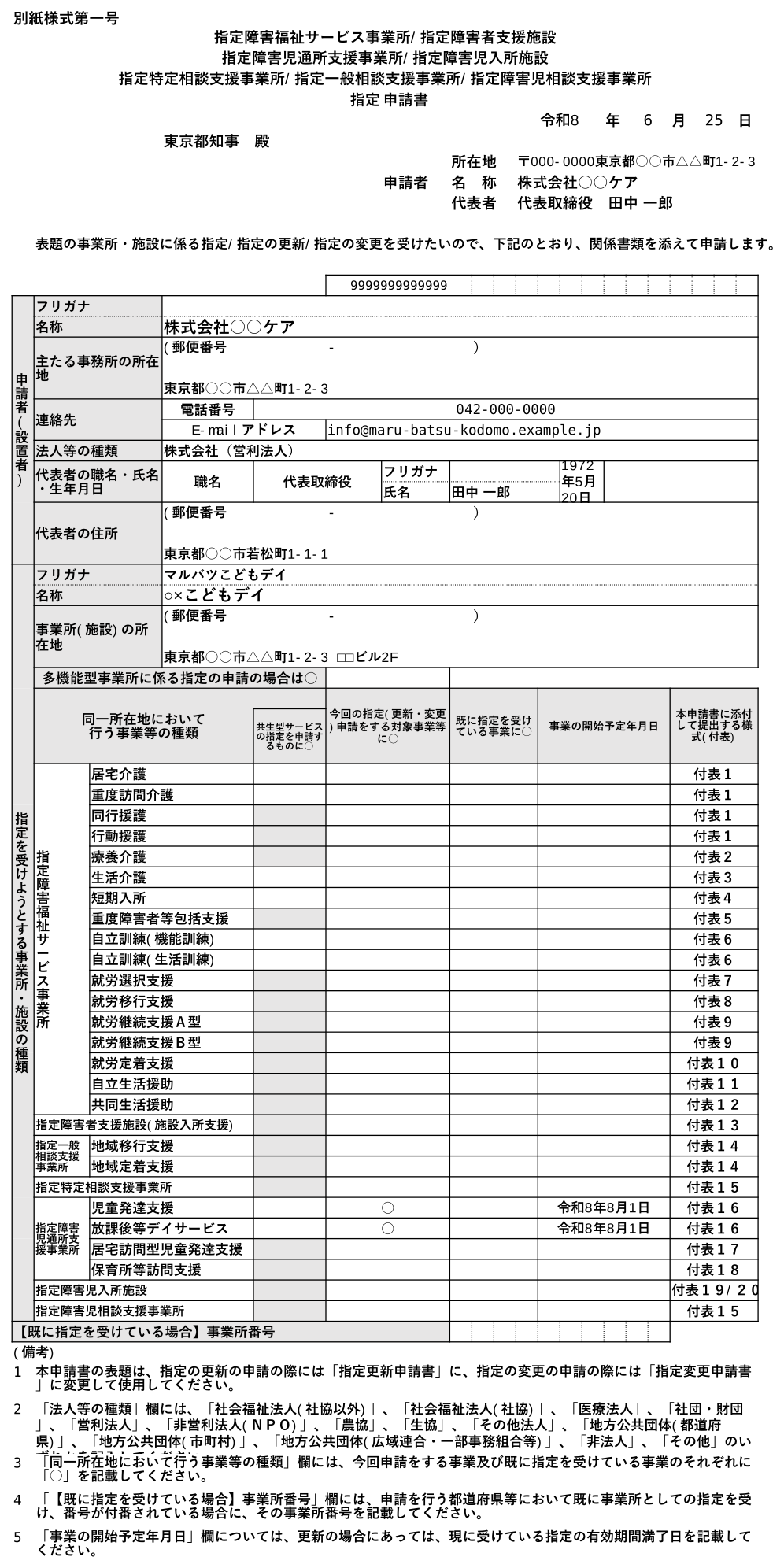 指定申請書（国標準様式・別紙様式第一号）の出力サンプル（実際のPDF書式）