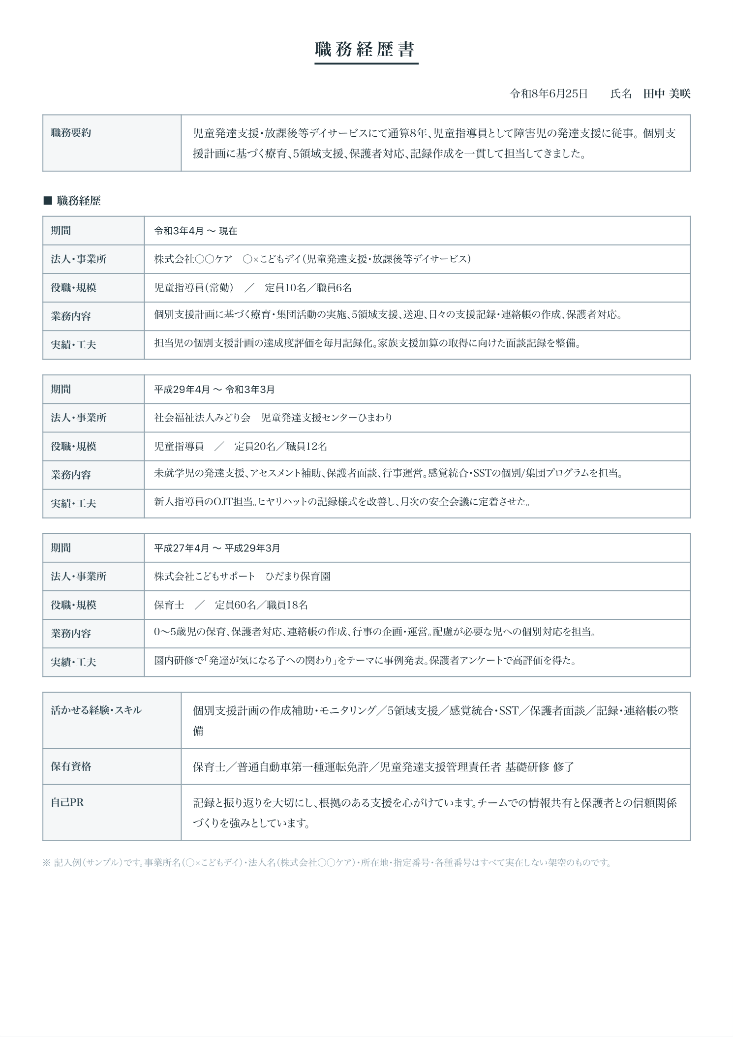 職務経歴書の出力サンプル（実際のPDF書式）